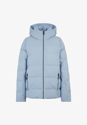 Lichtblauwe pufferjack met capuchon, voorzien van horizontaal gequilte panelen, een rits aan de voorkant en twee zijzakken met rits.