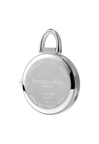 Orologio da tasca in argento con un retro in acciaio inossidabile, caratterizzato da dettagli del marchio incisi e una forma rotonda. Include un gancio per l'attacco.