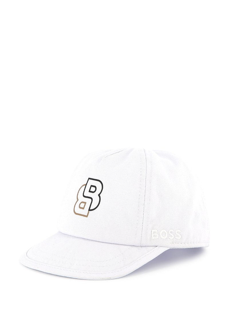 White base cap with a curved brim, featuring a black and brown logo "B" on the front, and "BOSS" embroidered on the side.