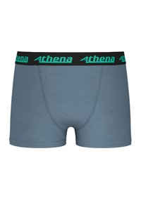 Boxer-briefs pour hommes en coton mélangé bleu clair avec une ceinture noire portant le texte vert "Athena". Texture lisse et coupe ajustée.