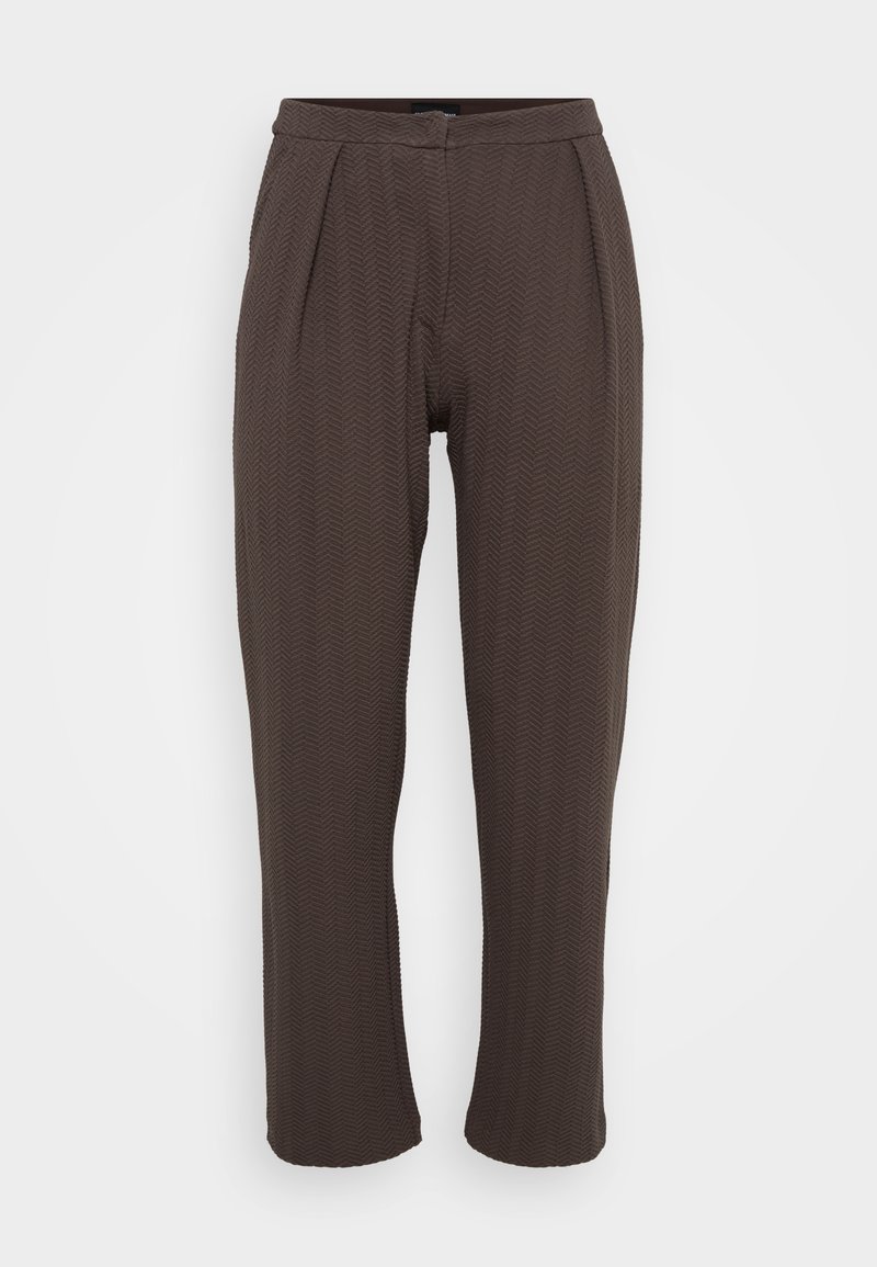 Brown patterned trousers with a herringbone texture, featuring a straight leg design and pleats at the front, made from woven fabric.