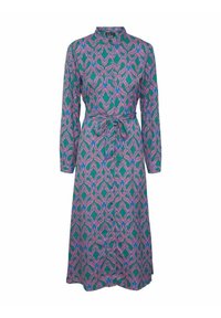 Långärmad klänning i grön och rosa mönstrad tyg med krage, knappstängning framtill och ett knytbart midjebälte. Slät textur, ankel-lång design.