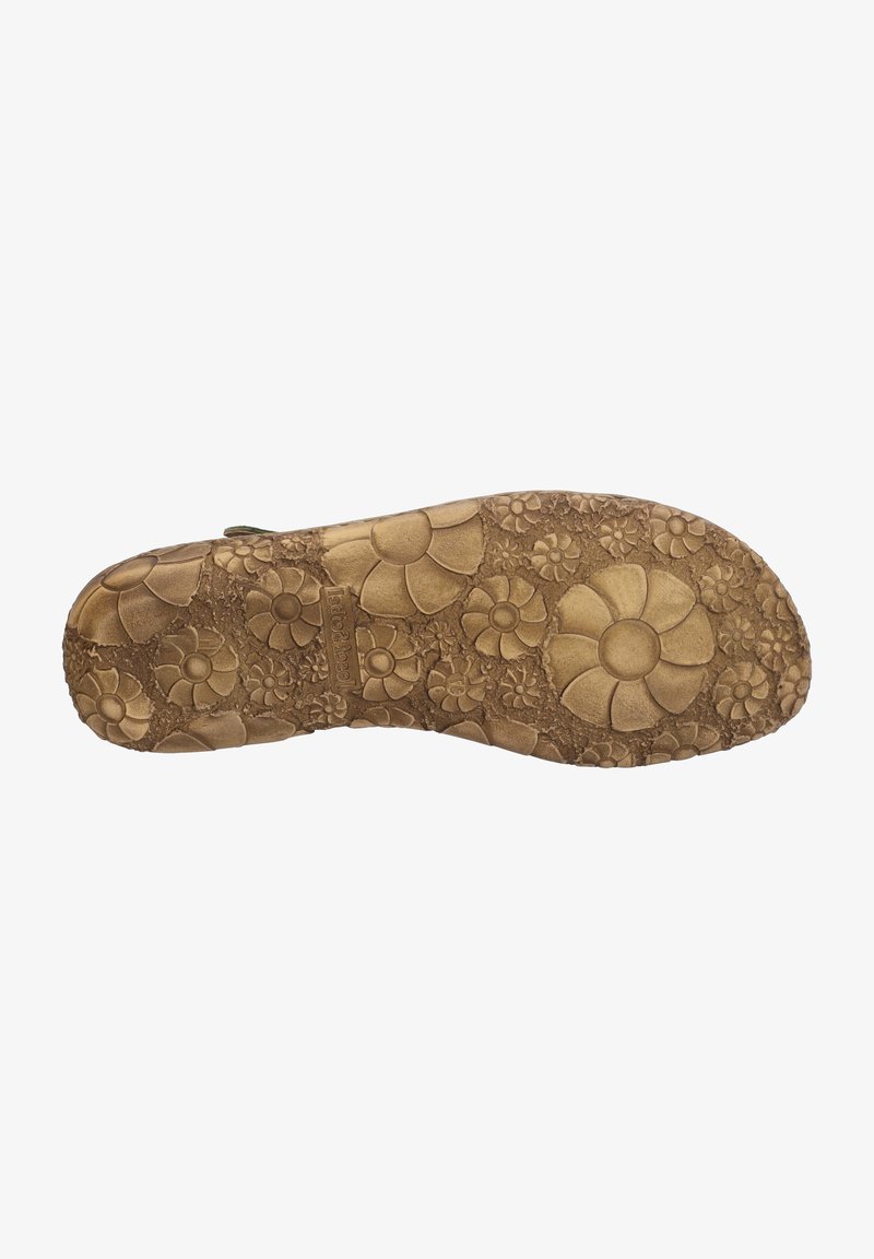 Brun gummisole med ett texturerat blommönster med olika blomformer, som förbättrar grepp och estetisk detalj.