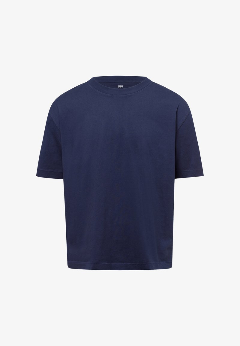 Navy blue short-sleeve t-shirt made of cotton. Features a crew neck and a relaxed fit with a smooth texture and no patterns or accents.