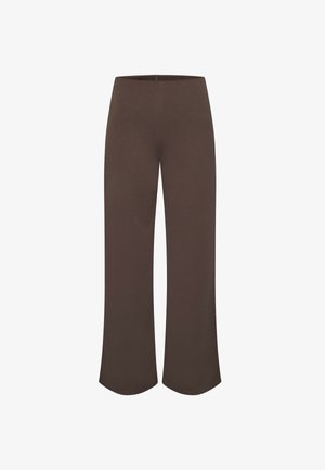 Brune brede bukser lavet af glat stof, med høj talje og flagrende kant. Enkelt design uden synlige mønstre eller accenter.