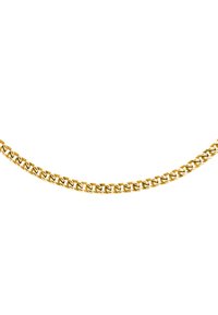 Collana in oro con maglie ovali intrecciate, texture liscia e finitura lucida, adatta a vari stili e occasioni.