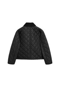 Black quilted jacket featuring a stand collar, long sleeves, and a smooth, slightly shiny texture. Diamond pattern throughout.