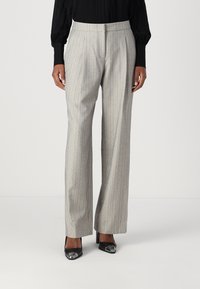 Hellgraue, pinstripierte Hose mit maßgeschneidertem Schnitt und geraden Beinen, ausgestattet mit einem hohen Bund und dezenten glitzernden Akzenten.