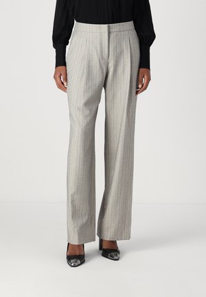 Light grey, pinstriped trousers with a tailored fit and straight legs, featuring a high waistband and subtle sparkly accents.