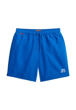 Blue swim shorts made from lightweight material, featuring an elastic waistband, drawstring, and a small white logo on the front.