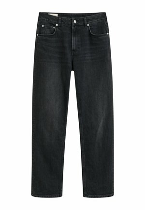 Donkerdenim jeans met een recht beenontwerp. Voorzien van vijf zakken, zilveren hardware en een klassieke knoopsluiting. Geen zichtbare patronen.