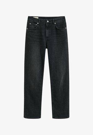 Dunkelblaue Jeans mit gerade geschnittenem Bein. Verfügt über fünf Taschen, silberne Hardware und einen klassischen Knopfverschluss. Keine sichtbaren Muster.