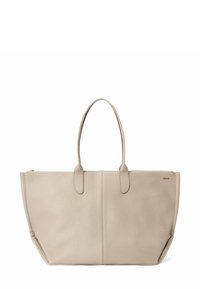 Beige læder tote taske med dobbelte håndtag. Tekstureret overflade, struktureret facon og guld lynlåsdetalje. Minimalistisk design uden synlige logoer.