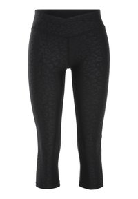 Leggings neri a metà gamba con un sottile design a stampa leopardata, realizzati in materiale elastico e dotati di un alto cinturino incrociato.