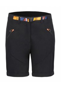 Svart utomhusshorts med en strukturerad passform, som har två fickor med dragkedja och ett mönstrat bälte i blått, orange och gult. Uppvikta benslut.