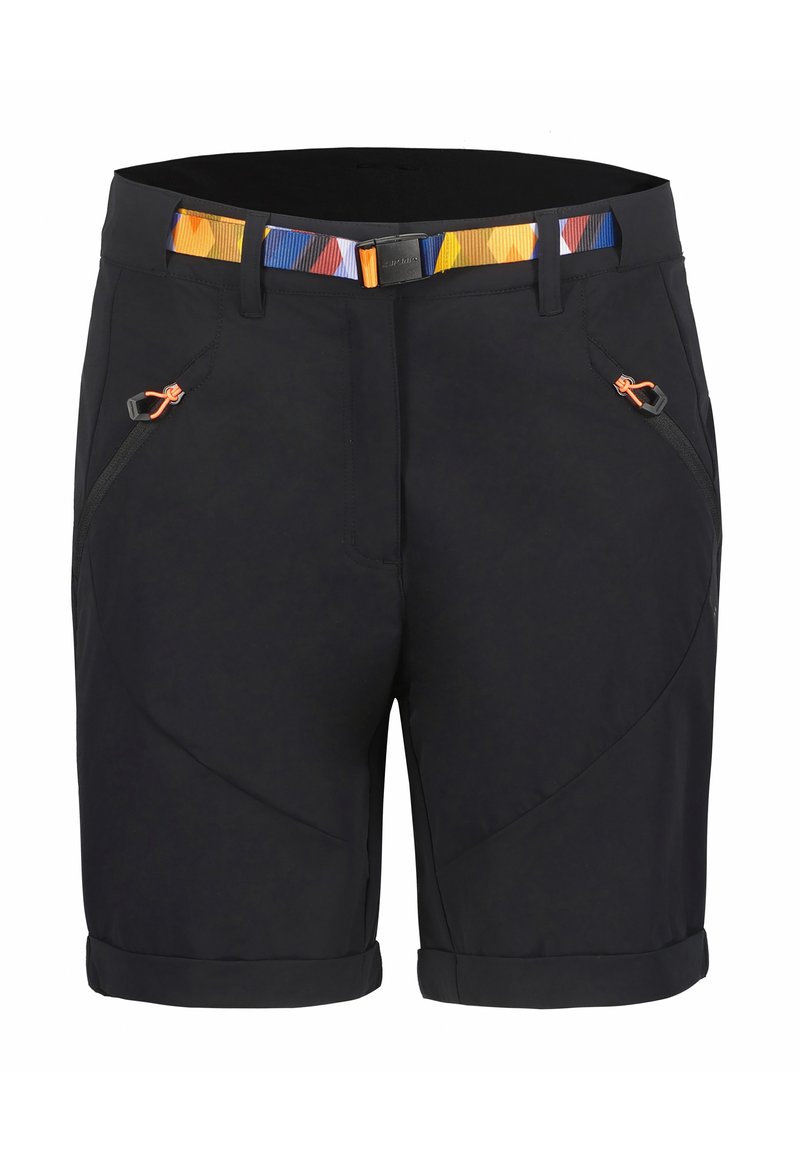 Svart utomhusshorts med en strukturerad passform, som har två fickor med dragkedja och ett mönstrat bälte i blått, orange och gult. Uppvikta benslut.