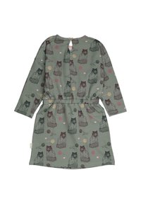 Grünes Kleid mit langen Ärmeln, elastischem Bund und Rückenschlitz, geschmückt mit Bärenillustrationen und bunten kreisförmigen Mustern.