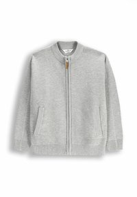 Szary kardigan na zamek z materiału prążkowanego. Posiada zaokrąglony kołnierz, dwie boczne kieszenie i drewniany uchwyt zamka.