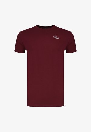 Vinrød kortermet crewneck-T-skjorte med liten hvit skriftlogo i kursiv på øvre venstre bryst.