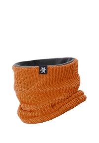 Knit neck warmer in bright orange, featuring a textured design and a gray fleece lining. Includes a small black logo tag.