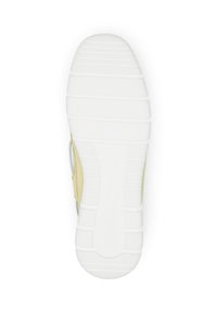 Schuhsohle aus strukturiertem weißen Gummi mit hellblauen und gelben Akzenten sowie eingraviertem Branding. Rutschfeste Profilgestaltung für besseren Halt.