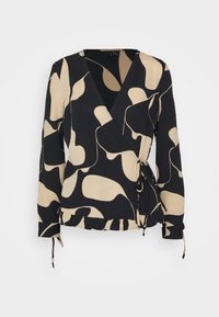 Blusa avvolgente in tessuto nero con motivi astratti beige, maniche lunghe, scollatura a V e orlo a strascico con lacci regolabili in vita.