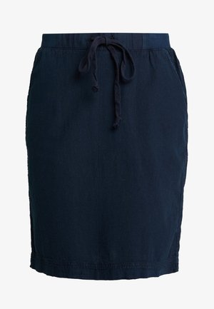 Navy blue skirt with elastic waistband and adjustable drawstring. Made of lightweight fabric, featuring a mid-length cut and side seams.