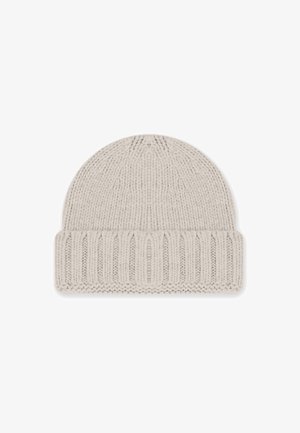 Berretto a maglia grigio chiaro con risvolto a coste. Presenta una parte superiore rotonda e un motivo strutturato in tutto il berretto. Tessuto morbido, adatto per il clima freddo.