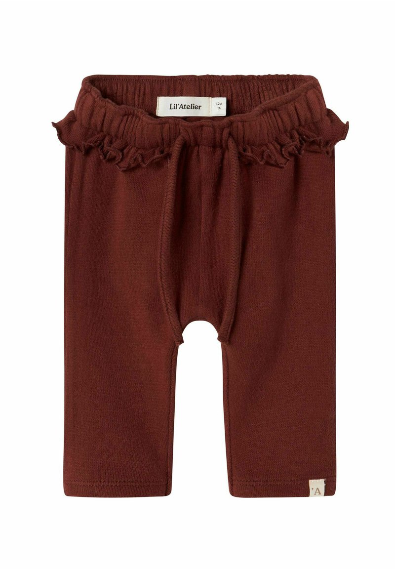 Pantaloni per neonati in maglia marrone con vita elastica, dettagli a volant e etichetta del marchio "Lil' Atelier" sul retro. Taglia 1-2 mesi.