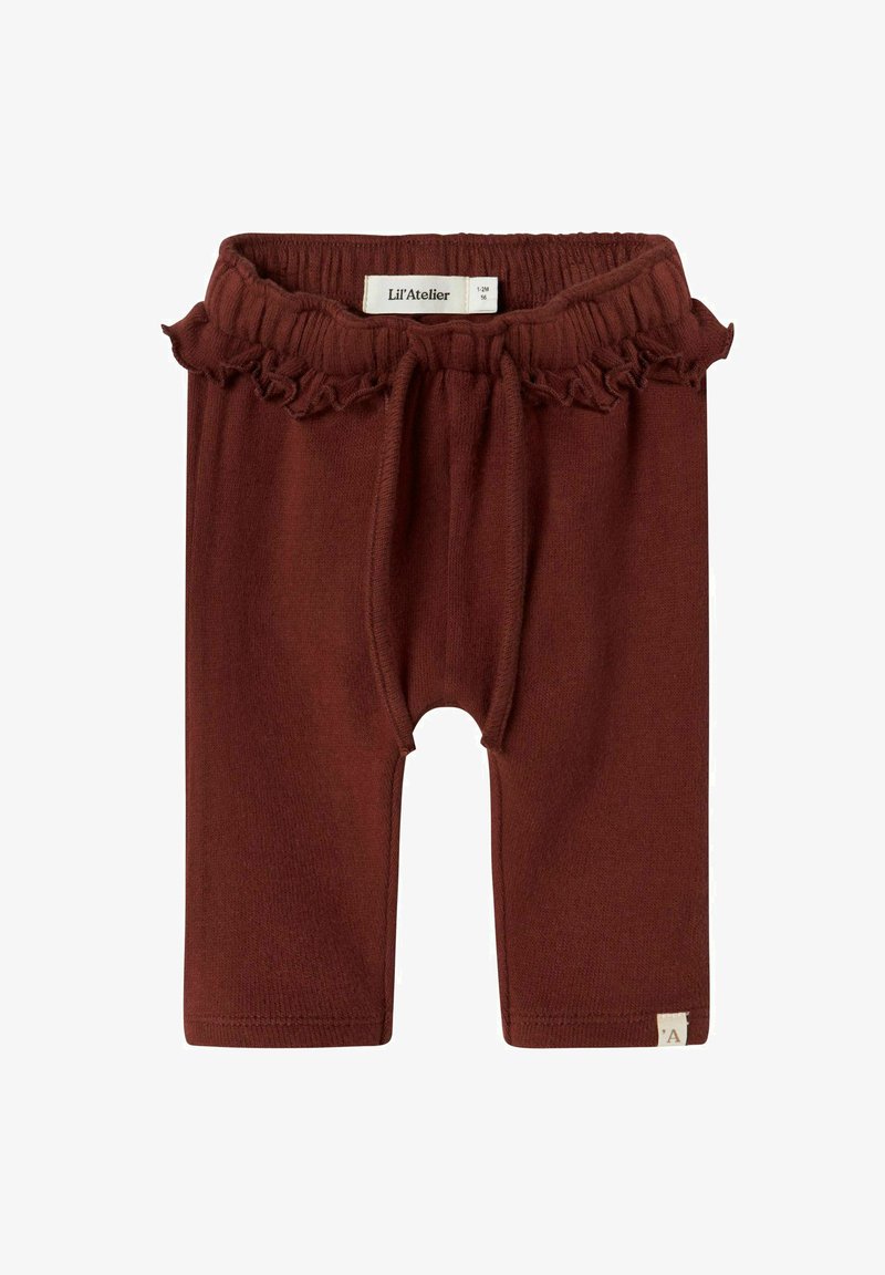 Rjave pletene hlače za dojenčke z elastičnim pasom, gubanjem in oznako blagovne znamke "Lil' Atelier" na hrbtni strani. Velikost 1-2 meseca.
