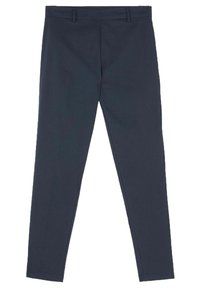 Tummansiniset housut, jotka on valmistettu sileästä kankaasta ja joissa on kapea muotoilu, litteä etuosa sekä ei näkyviä koristeita tai kuvioita.