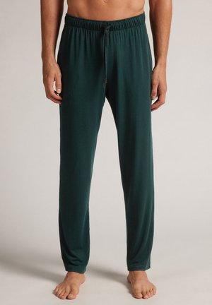 Pánské tmavě zelené domácí kalhoty vyrobené z měkké tkaniny, s elastickým pasem a šňůrkou pro nastavitelnou velikost.