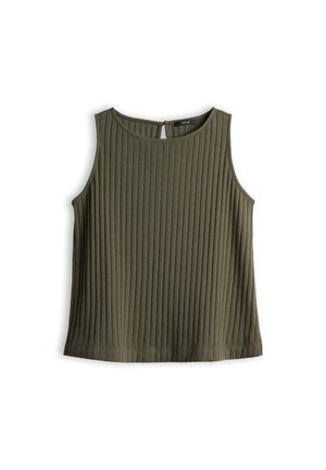 Top smanicato verde oliva a coste con scollo tondo e chiusura con bottoni sul retro, posato disteso su sfondo bianco.