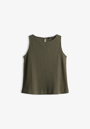 Haut sans manches en maille côtelée vert olive avec encolure ronde et fermeture boutonnée au dos, à plat sur fond blanc.