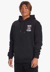 Black hooded sweatshirt in cotton blend, featuring a front pocket, drawstring hood, and white graphic print on the left chest.