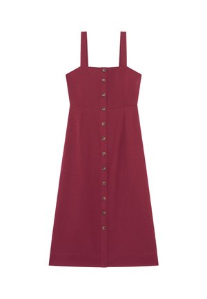 Abito midi senza maniche color mogano con scollo quadrato, corpetto aderente e una fila centrale di bottoni marroni sul davanti.