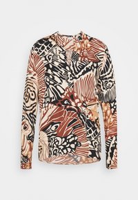 Blusa a maniche lunghe con un motivo astratto multicolore in rosso, nero, beige e marrone. Tessuto morbido con scollatura rotonda e vestibilità comoda.