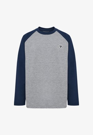 Langsleeve shirt met een grijze body en marineblauwe raglanmouwen. Heeft een klein geborduurd logo op de borst. Van katoen.