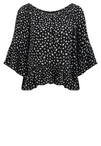 Schwarze Bluse mit weißem Blumenmuster, flatternden Ärmeln und gerafftem Halsausschnitt. Mit einem Peplum-Saum und leichtem, strukturiertem Stoff.