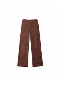 Pantalones de pierna ancha con un patrón de cuadros en marrón. Elaborados con una tela de textura suave, presentan un cierre de botón y un ajuste relajado.