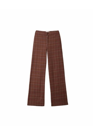 Pantalones de pierna ancha con un patrón de cuadros en marrón. Elaborados con una tela de textura suave, presentan un cierre de botón y un ajuste relajado.