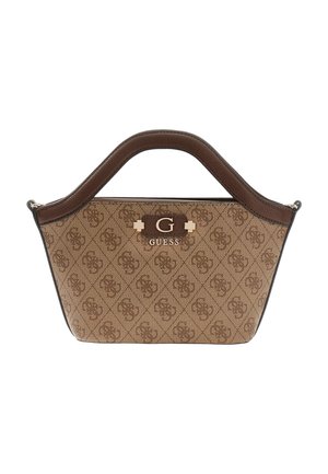 Petit sac à main marron Guess avec motif monogramme, anse en cuir courbée et logo doré "G GUESS" au centre avant.