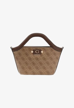 Petit sac à main marron Guess avec motif monogramme, anse en cuir courbée et logo doré "G GUESS" au centre avant.