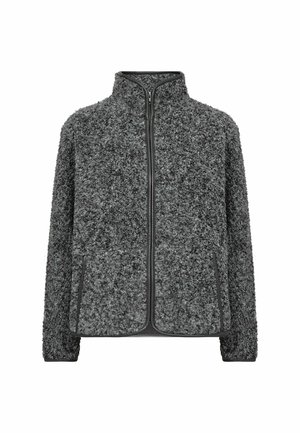 Veste en polaire grise avec fermeture éclair à l'avant, col montant et poches latérales. Texture douce avec une finition épaisse et duveteuse et des détails en bord lisse.
