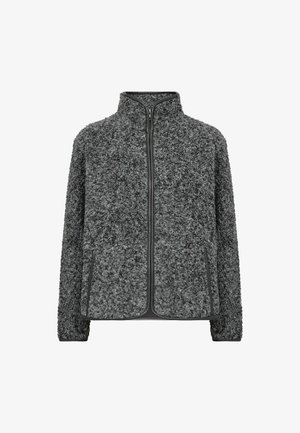 Gray fleece jacket with a zip front, high collar, and side pockets. Soft texture with a thick, shaggy finish and smooth trim detailing.