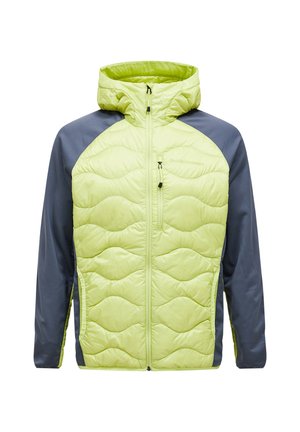 Giacca isolante verde lime con un motivo trapuntato, maniche grigie, chiusura con zip frontale e cappuccio. Presenta tasche laterali e dettaglio del logo.