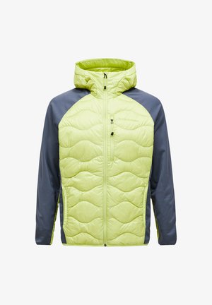 Giacca isolante verde lime con un motivo trapuntato, maniche grigie, chiusura con zip frontale e cappuccio. Presenta tasche laterali e dettaglio del logo.