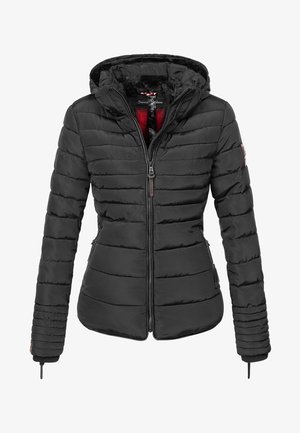 Veste matelassée noire à capuche avec fermeture éclair devant, poches latérales zippées et taille ajustée.