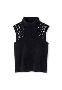 Bezrękawnik czarny golf z puszystego materiału; z dekoracyjnymi cyrkoniami rozsypanymi na ramionach.