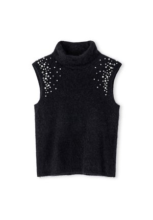 Maglione senza maniche nero con collo alto, realizzato in materiale soffice; presenta una dispersione di strass decorativi sulle spalle.